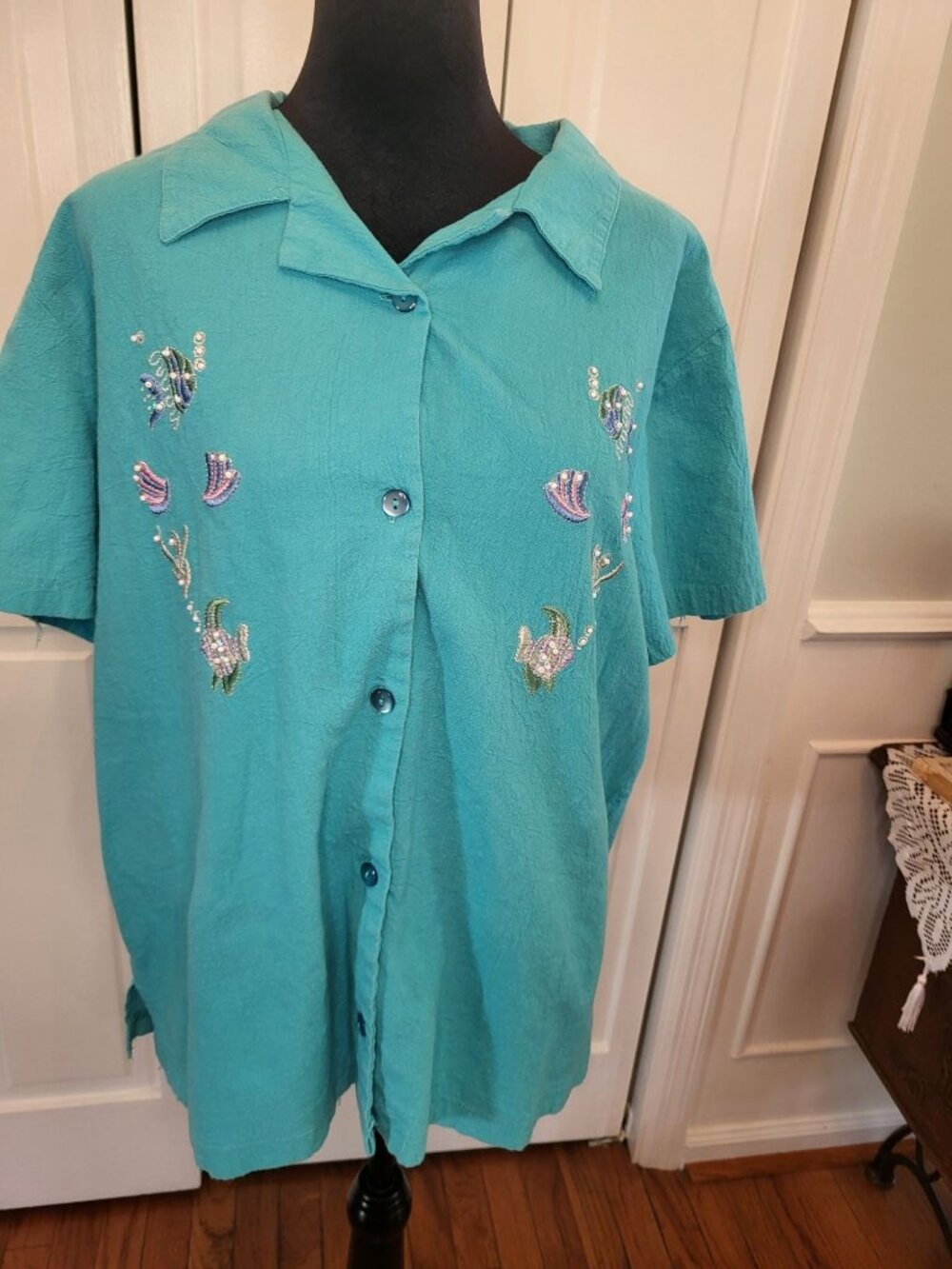 Ladies Club Teal Cotton Button Up Embroidered Beaded Fish 3X Summer Beach Whimsy